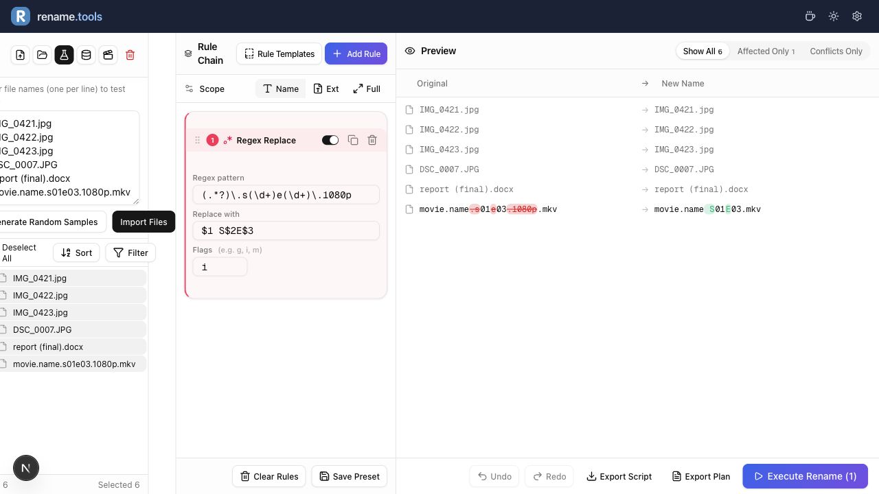 Rename.Tools 正则规则提取视频剧集编号，并在预览中显示更新结果