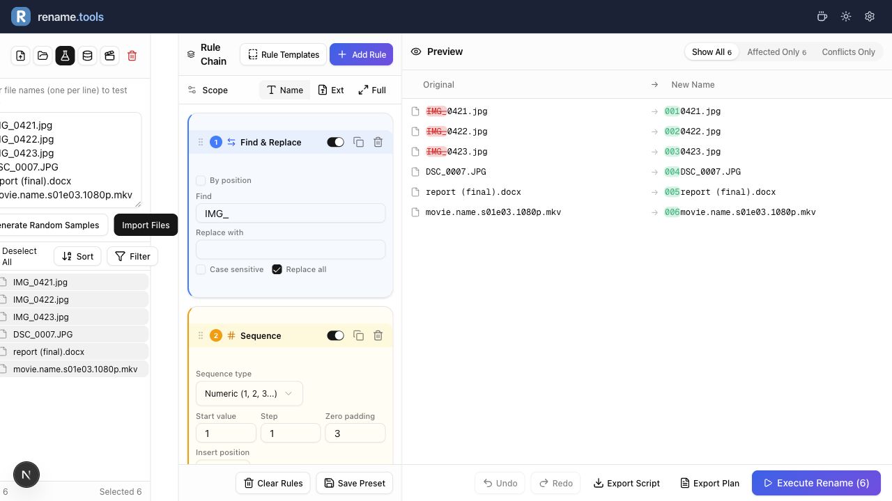 Rename.Tools 照片清理工作流，通过序号规则转换相机文件名